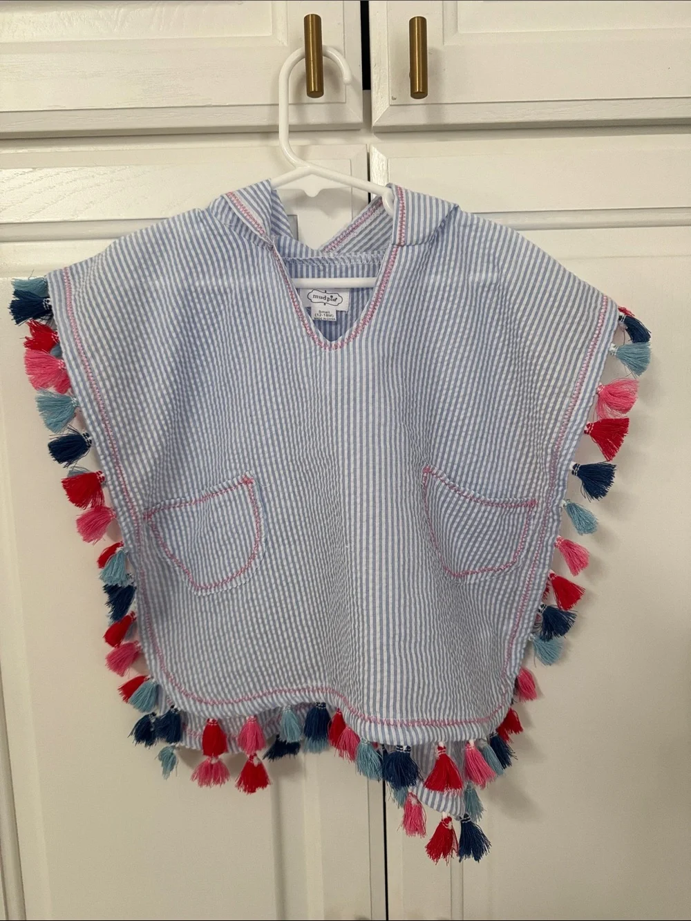 Mud Pie Light Blue Seersucker Hooded Poncho with Multicolor Tassels